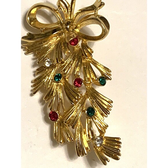 Vintage Gold Tone Christmas Brooch Pin Rhinestones Bow Layered Leaves Branches - Picture 6 of 6